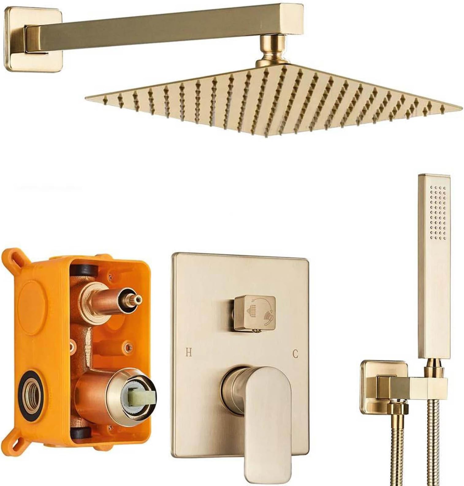 Flush-Mounted Shower System Set Brushed Gold 12 Inch Rain Shower and Hand Shower 30 x 30 cm Corner Shower Head 2 Functions Anti-scalding Brass
