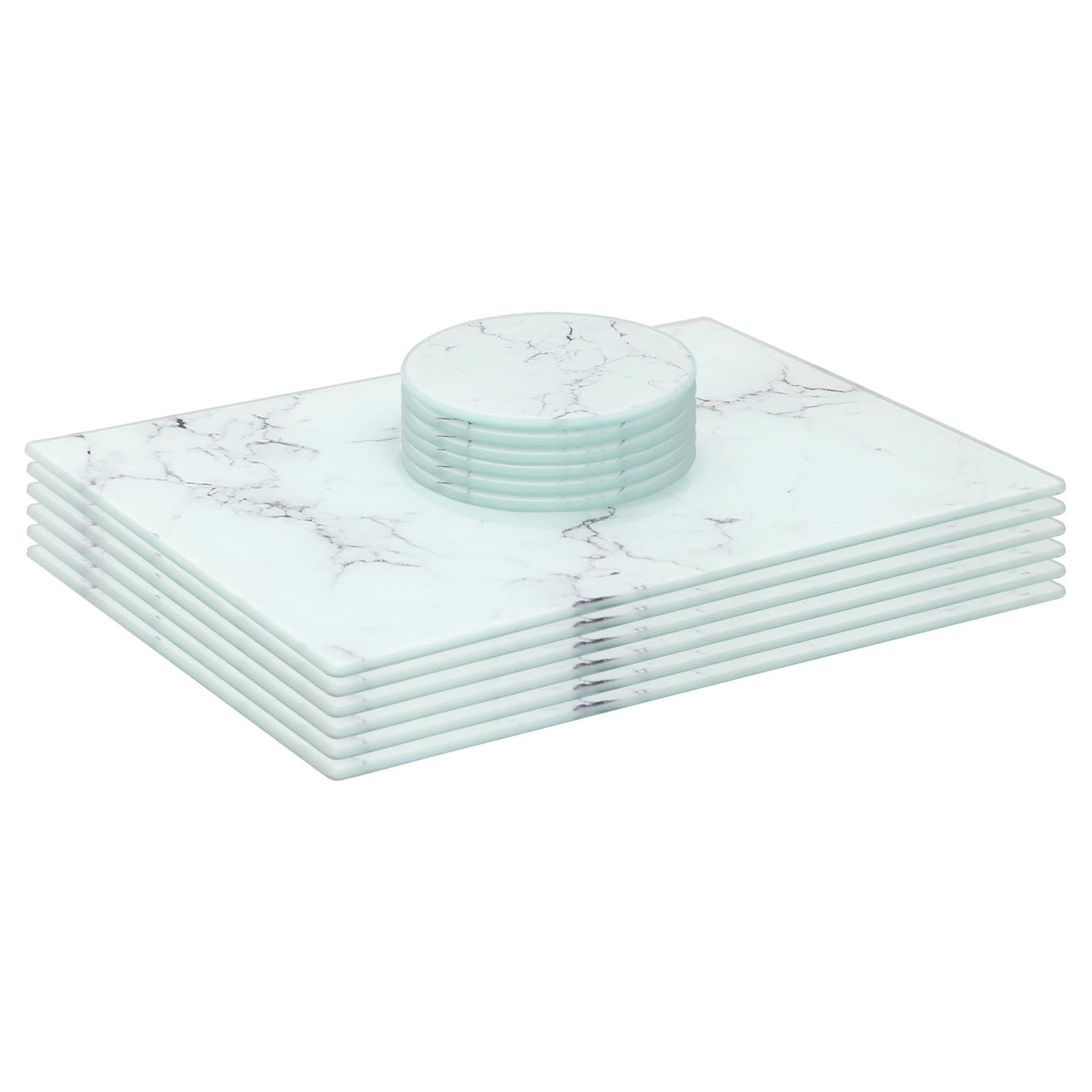 Harbour Housewares 12Pc Glass Placemats & Coasters Set - White Marble - 30cm x 20cm
