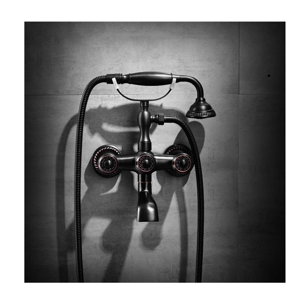 GLJTUO Carved Phone Antique Bathtub Faucet Black Wall Mounted Brass Bathroom Bath Shower Mixer Taps with Handheld Shower,Black B,Black B