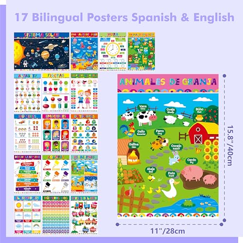 Image of 17 Spanish & English Posters, Thick Elementary Bilingual Poster Set, Waterproof & Tearproof with PET Film, Early Learning Tool, Dual Language Educational Posters for School Supplies, Classroom Decor