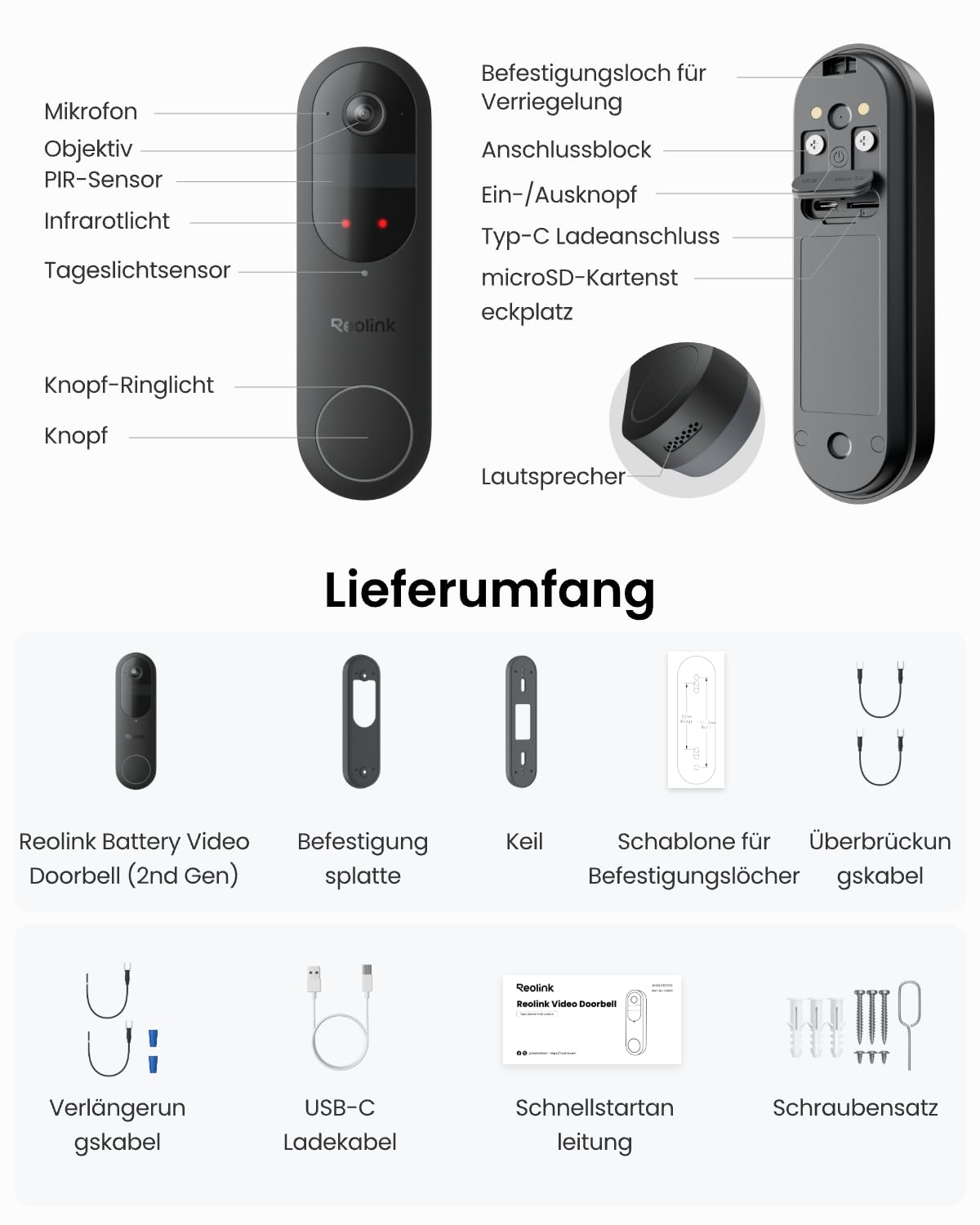 Reolink Akku Türklingel mit Kamera (2. Gen), 2K 1:1 Ansicht, 2 Betriebsmodi | 1:1 Kopf‑Fuß‑Ansicht, Kabellos & Kabelgebunden, 2,4&5GHz Wi-Fi, Lokalspeicher ohne Monatsgeb, KI-Erkennung, Rich-Notification