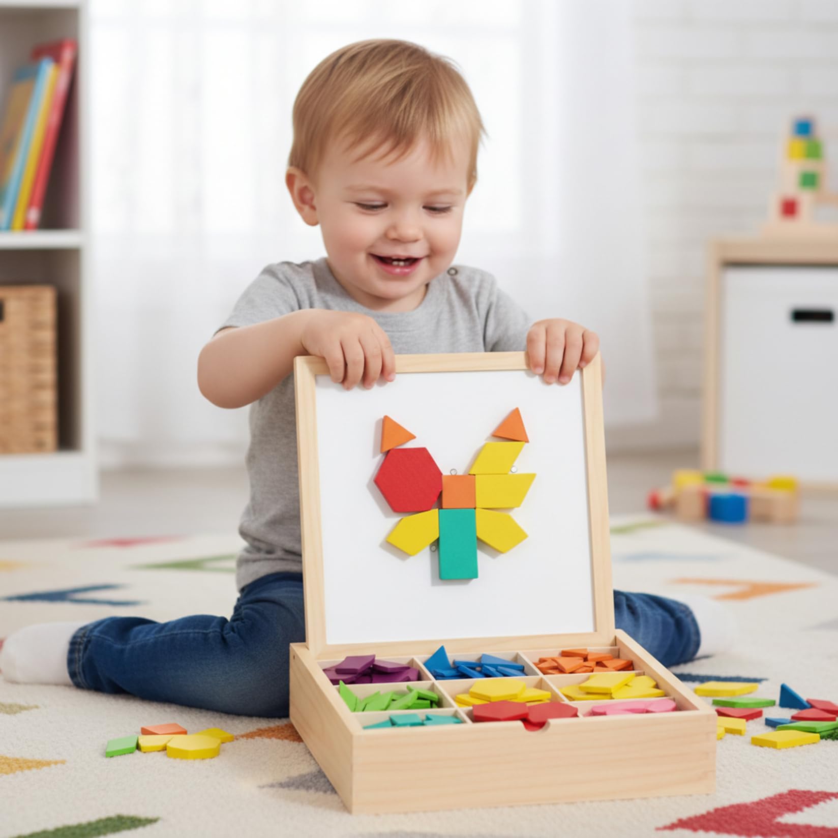 Rompecabezas Tangram, Rompecabezas magnéticos de Madera con Tarjetas de diseño, Juguetes de Aprendizaje para niños de 3 a 8 años, de geometría Tangram, 220 Piezas