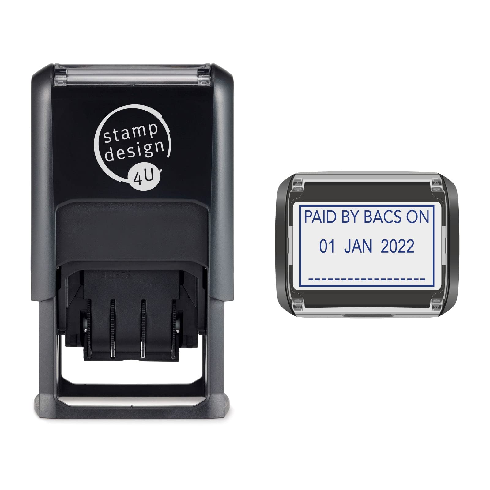SD4U Word and Date Stamp Self Inking - Paid BY BACS ON and Changeable Date in Blue Ink