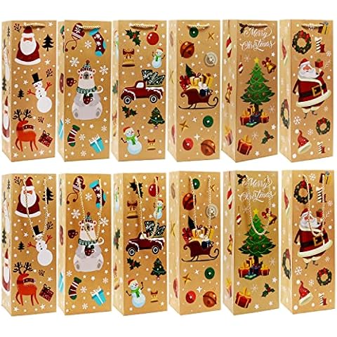 VEYLIN 12Pcs Christmas Wine Tote Bags, Xmas Thick Kraft Paper Gift Bags for Wine Bottle Wrapping Cover