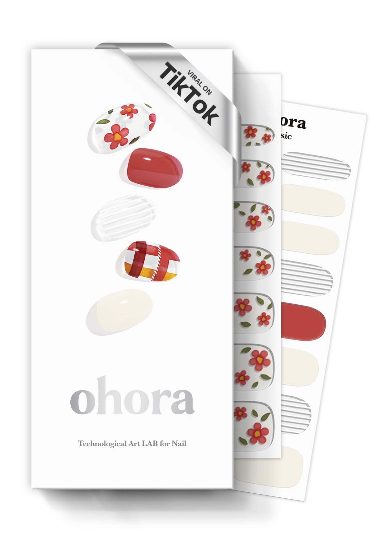 Ohora N Check Camellia Semi Cured Gel Nail Strips (N Check Camellia) - Salon-Quality, Long Lasting, Easy To Apply & Remove - Includes Prep Pads, Nail File & Wooden Stick - Red Size 2
