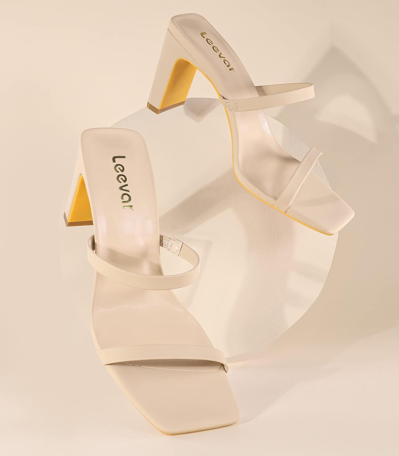 Leevar Square Toe Heels Sandals - White Black Nude Heels Chunky Two Strap Low Heels for Women Leather Mule Sandals Slip On Block Heels for Party Dating Daily Standard Size 2.75 Inch - Image 4