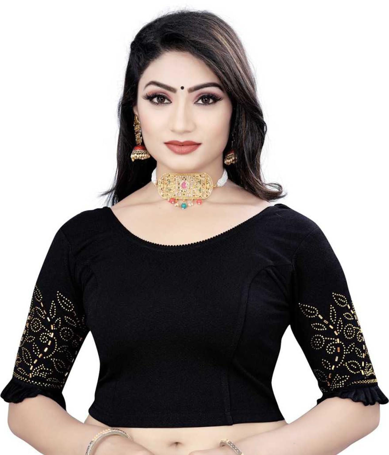 pu fashion Stylish Stone Work Readymade Saree Blouse for Women Golden Swarovski Work on Stretchable Round Neck Half Sleeves with Frill-picture-44