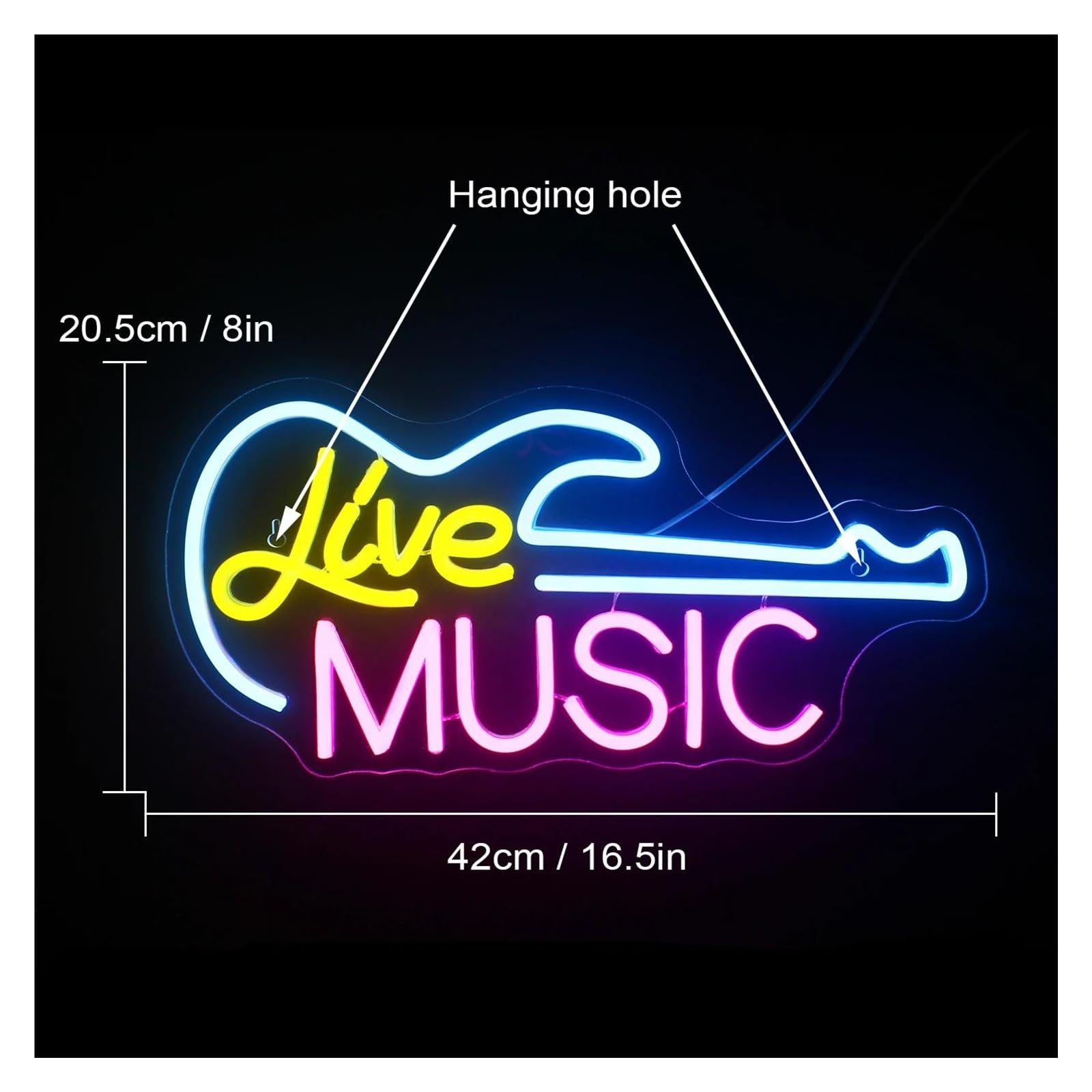 Wiszące neony artystyczne Neon "Live Music"Gitara Muzyka Dekoracja Ścienna Lampy Do Pokoju Bar Studio Impreza Klub Dekoracyjny 20.5x42cm