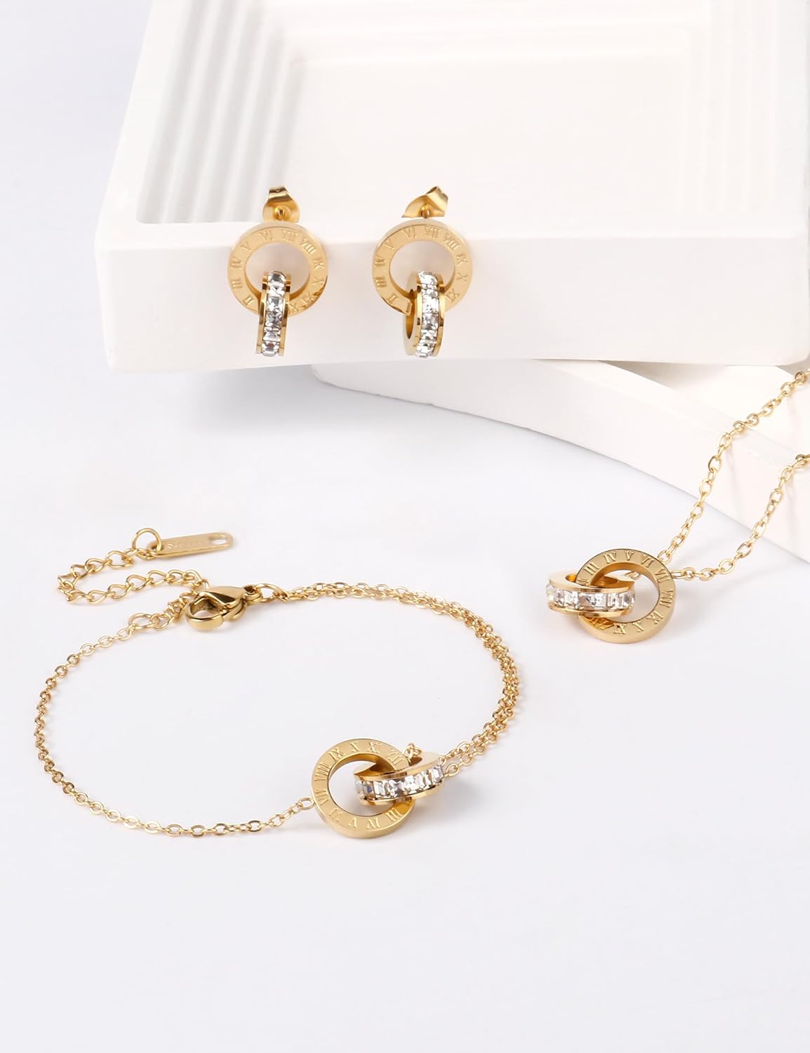 Dainty Necklace Bracelet Earrings Set for Women Gold Silver Rose Gold Diamond Interlocking Circle Jewelry Set for Sister Mom Gift - Image 5