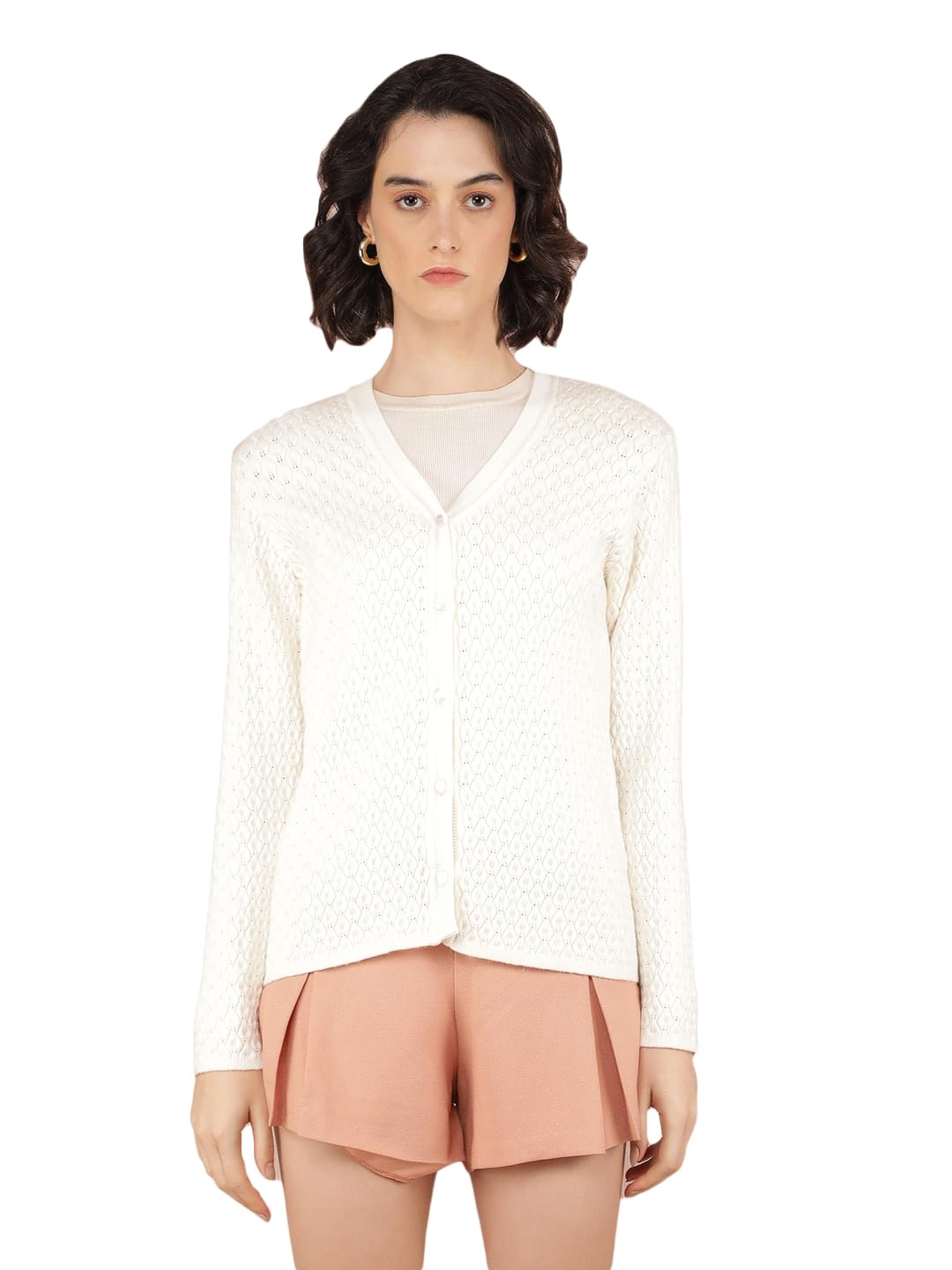 crimsoune club Women's White Jacquard V-Neck Cardigan-picture-31