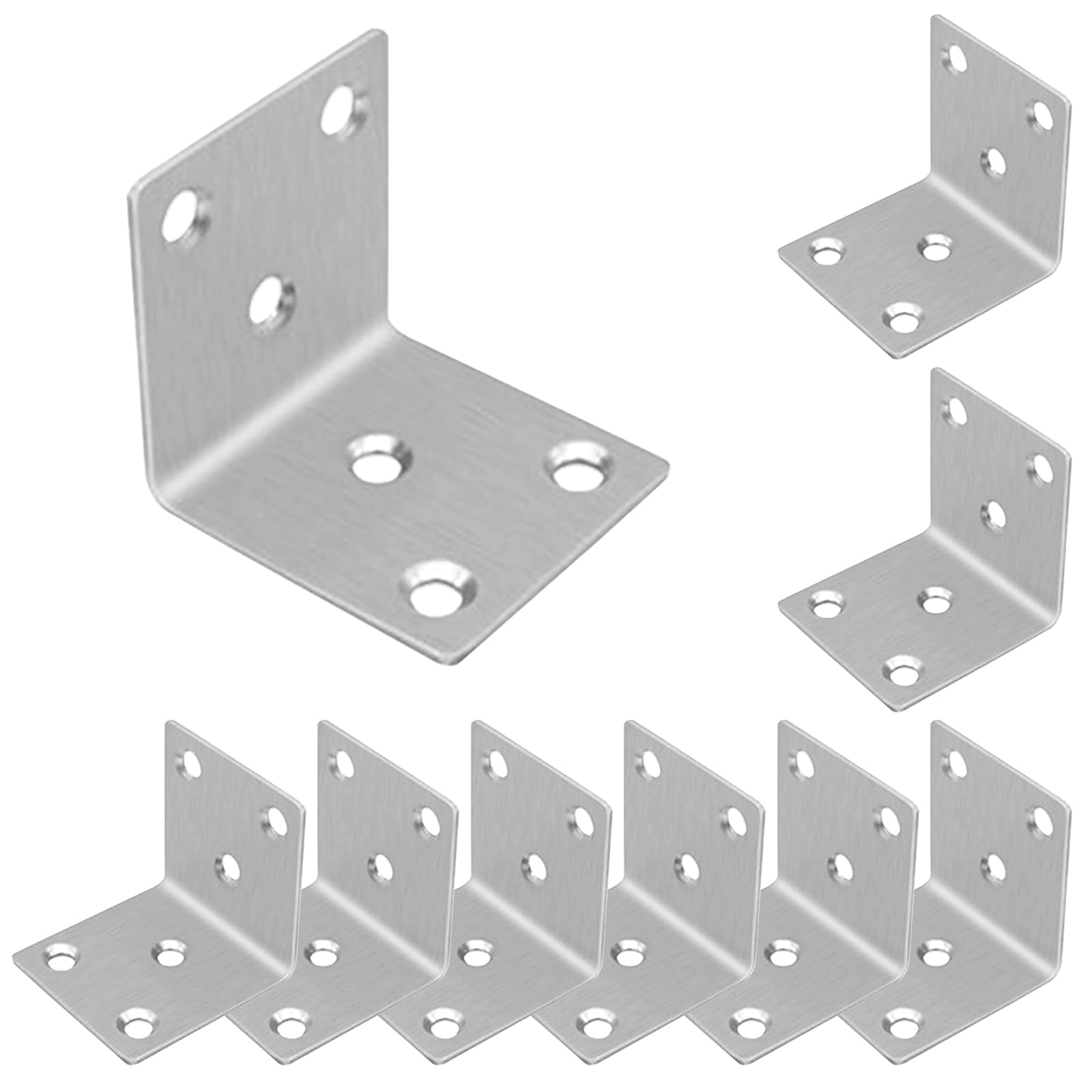 10-Pack 50mm x 50mm L Right-Angle Brackets, 2mm Thick Silver Stainless Steel, Heavy-Duty Corner Braces for Wooden Furniture, Timber & Fencing (L-Shape, Slotted Holes)