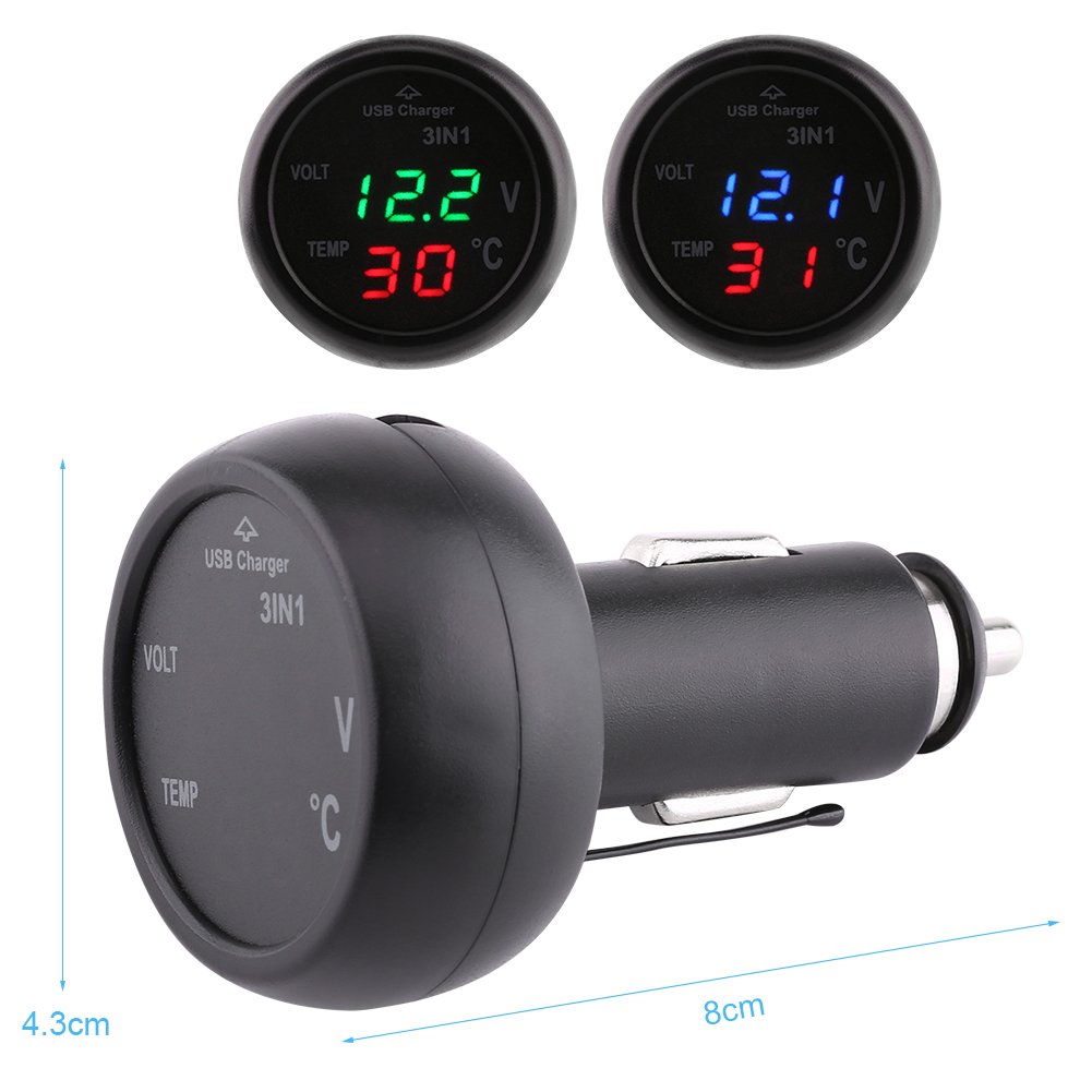 Qii lu Car Truck 3in1 Dual LED Digital Display Voltmetro Termometro per accendisigari Caricatore per auto USB(Blu + Rosso)