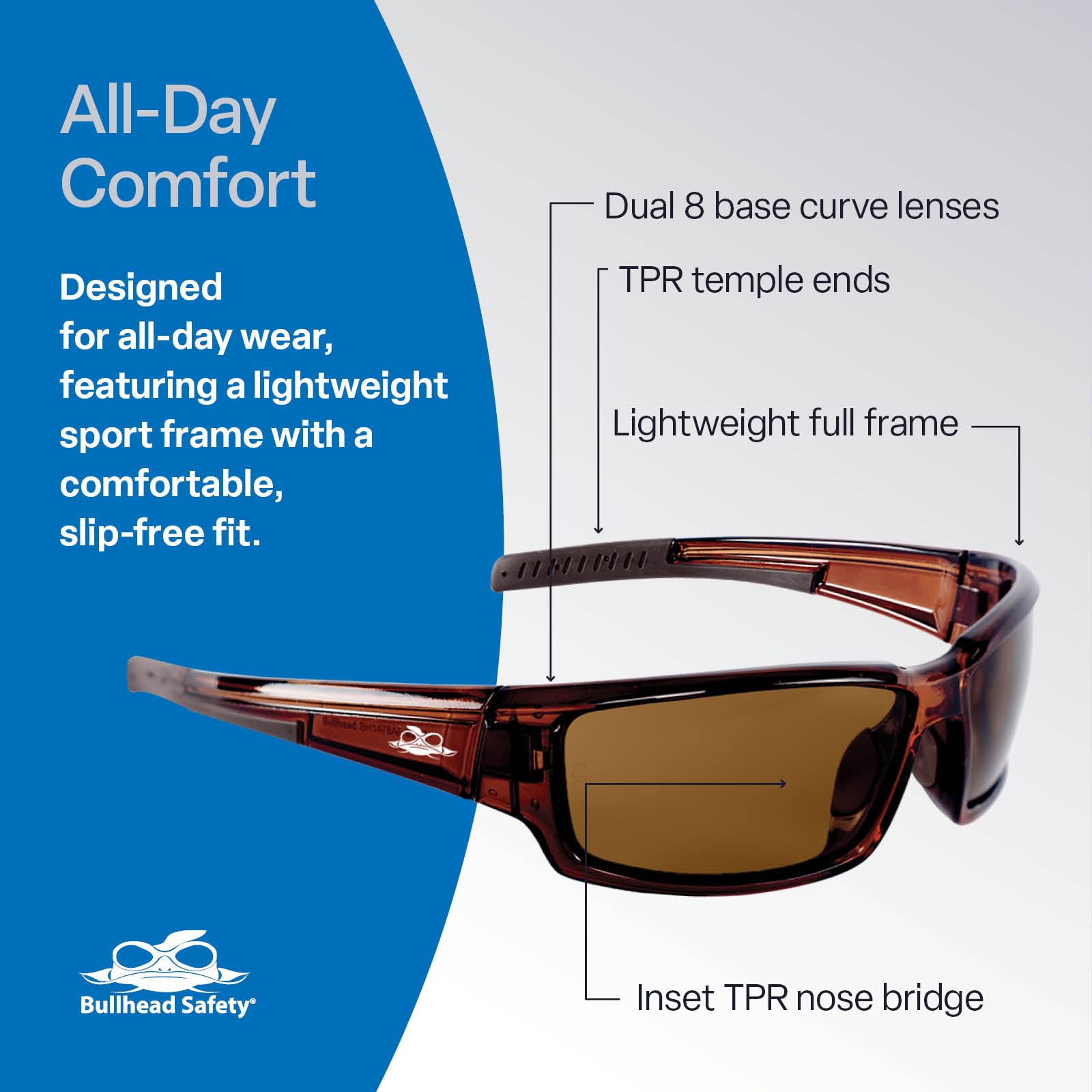 Bullhead Safety Eyewear BH1478AF Maki, kryształowo brązowa oprawka, brązowe szkła zapobiegające zaparowaniu, brązowe soczewki TPR i zauszniki (1 para) od Bullhead Safety Eyewear