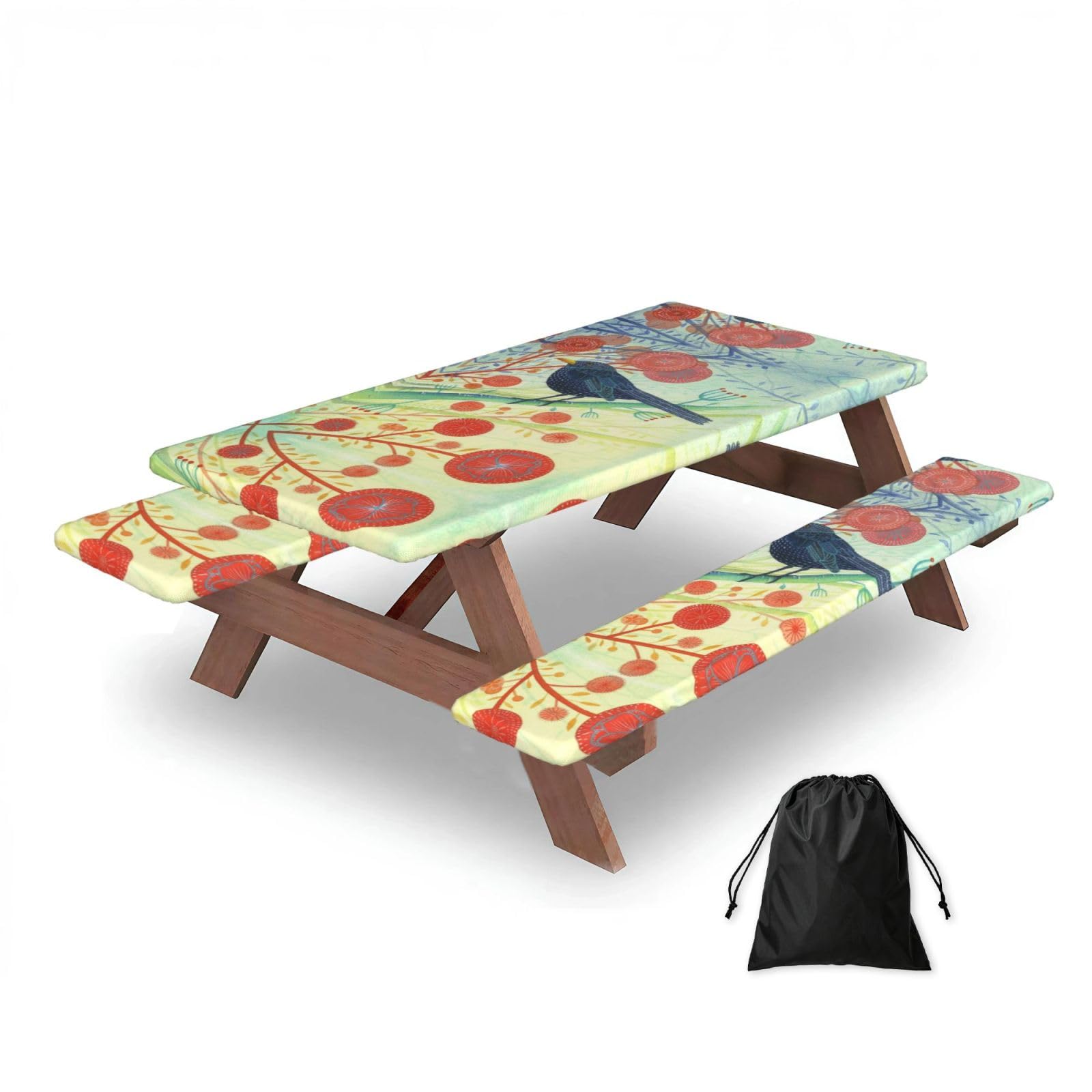 ESNAIUVCD Black Bird Print Picnic Table Cover With Bench Covers,Camping Essentials,Fitted Tablecloth Cover With Elastic Edge, For Indoor & Outdoor 3 Pcs