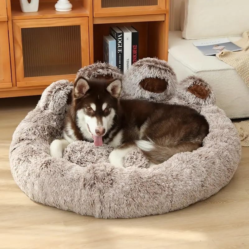 JupiterJX Fluffy Calming Dog Bed, Plush Bed For Cats & Dogs, Cute Bear Paw Shaped Comfortable Cozy Pet Sleeping Beds For Small Medium & Large Dogs, Soft Cat Cushion (Gradient Brown, 70 cm) โ image 1