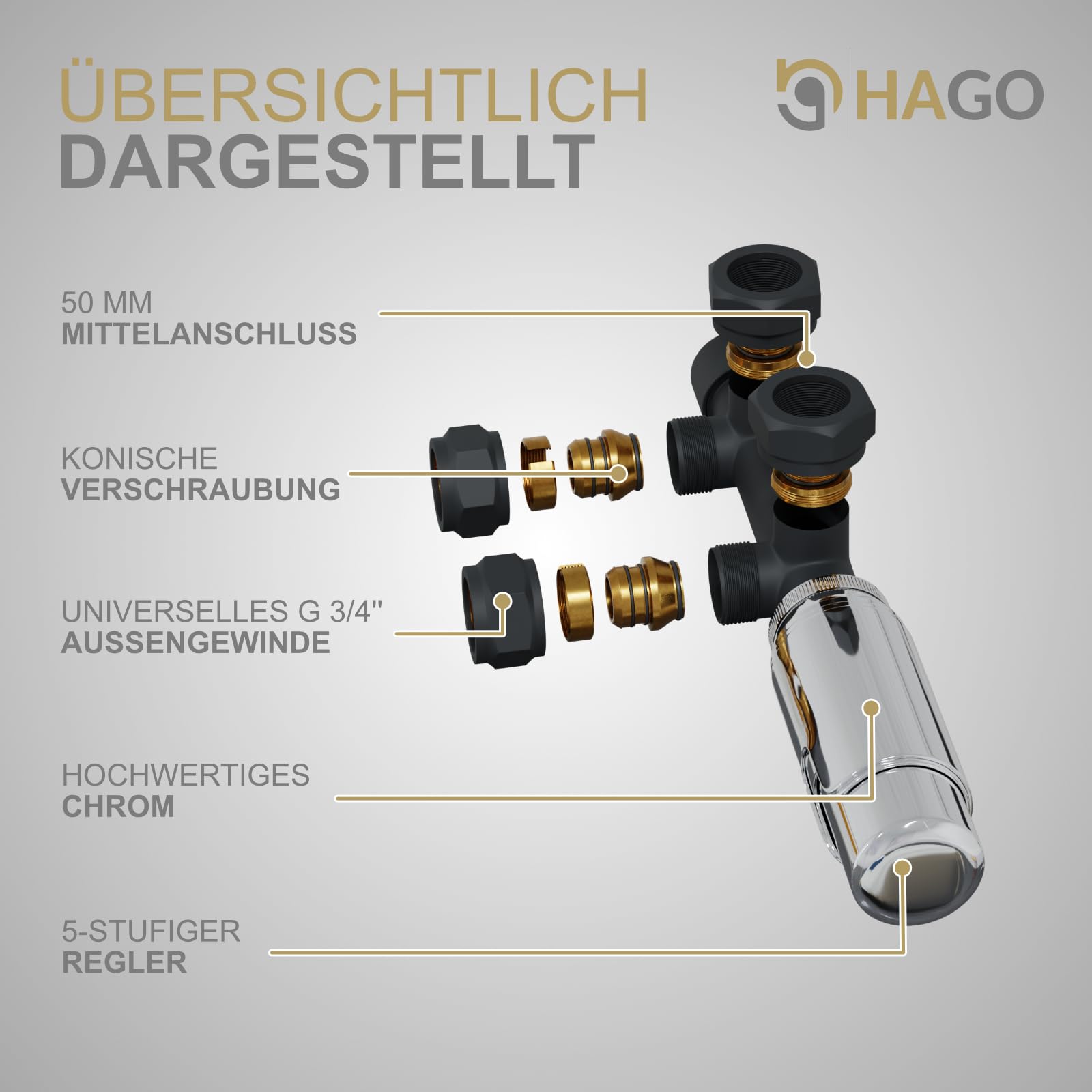 HAGO 24 | Termostato per termosifone | antracite | distanza tubo 50 mm | due tubi | attacco centrale | attacco a parete | posizione antigelo | multiblocco | raccordo di collegamento