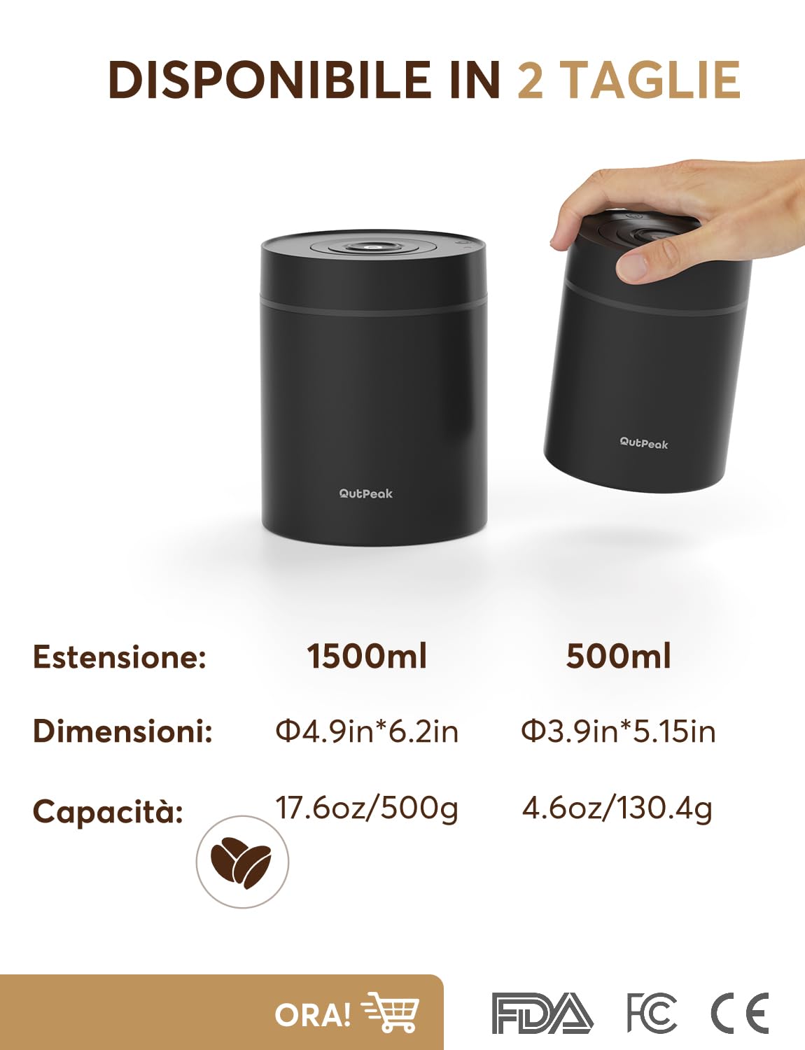 OUTPEAK Neo 2025 Kilo - Barattolo Sottovuoto Automatico per Caffè, Capacità 1,5 L, per Chicchi in Grani, Funzionamento Con Un Pulsante, Contenitore in Acciaio Inox