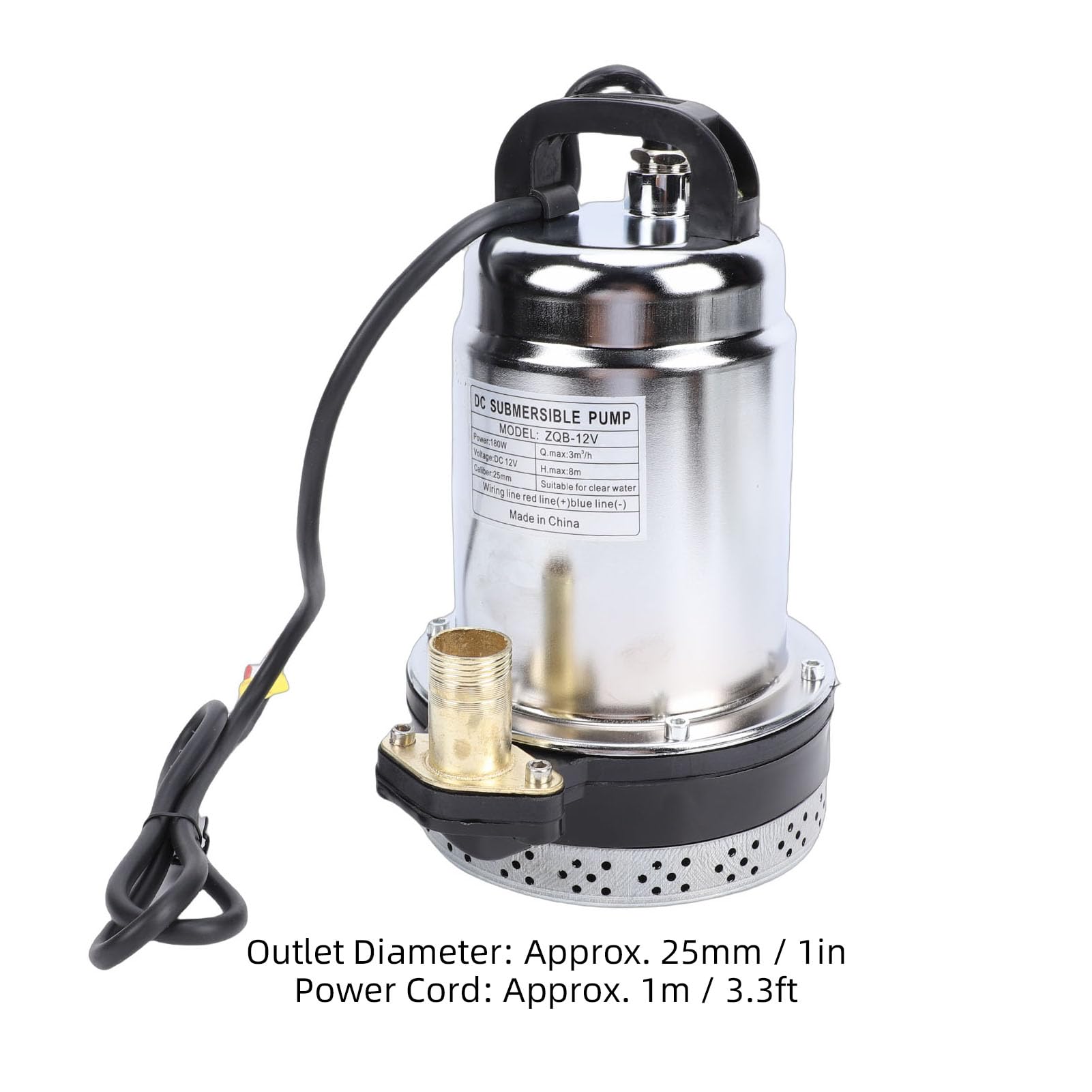 Bomba Sumergible, CC 12 V 180 W 792 GPH 26 Pies de Elevación Alta, Salida de 1 Pulgada, Bomba de Pozo Profundo de Acero Inoxidable con Cable de Alimentación de 3,3 Pies