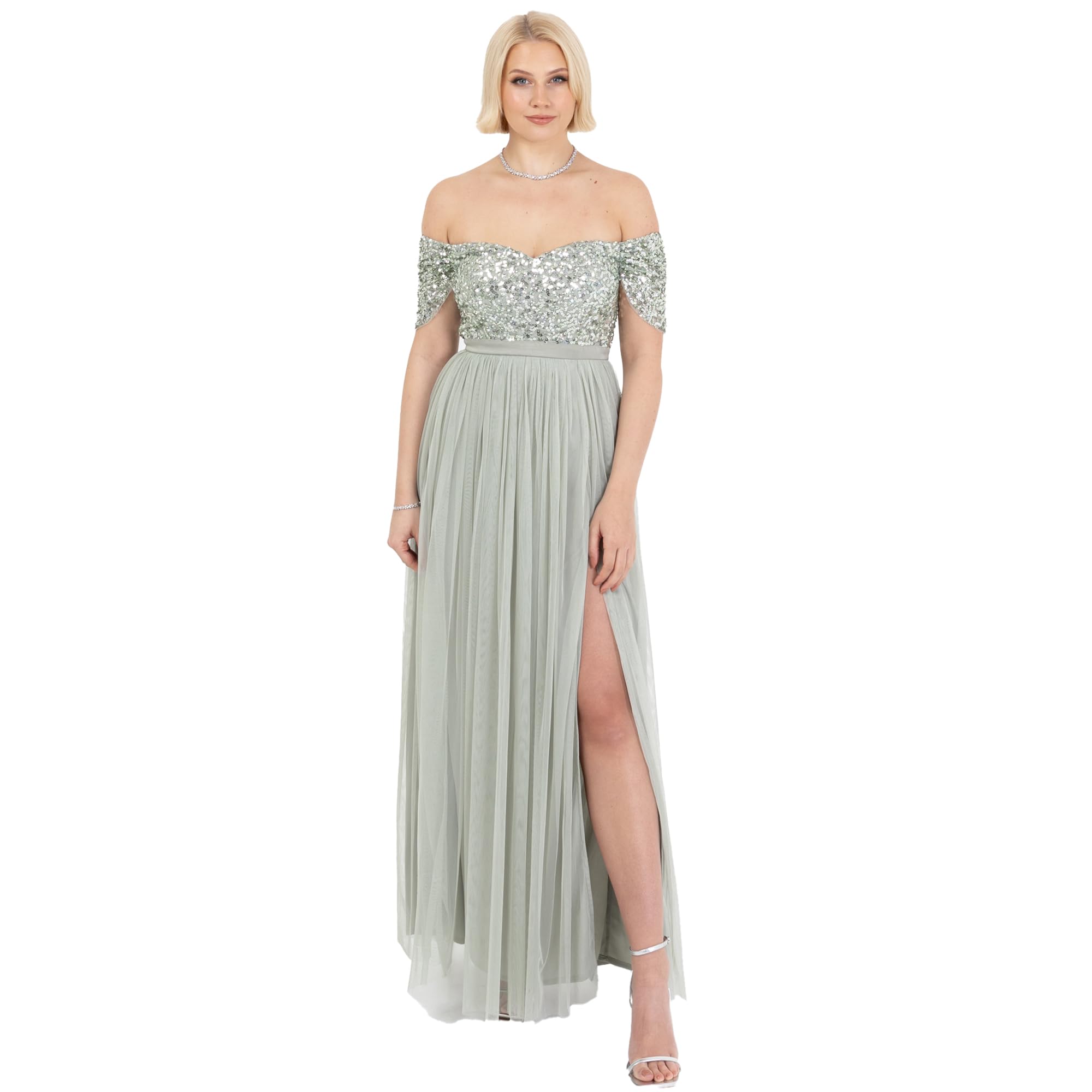 Maya Deluxe Women's Ladies Maxi Dress Bardot Neckline Off Shoulder Tulle High Side Split Slit A-line Bridesmaid Wedding Guest Prom Green Lily 18