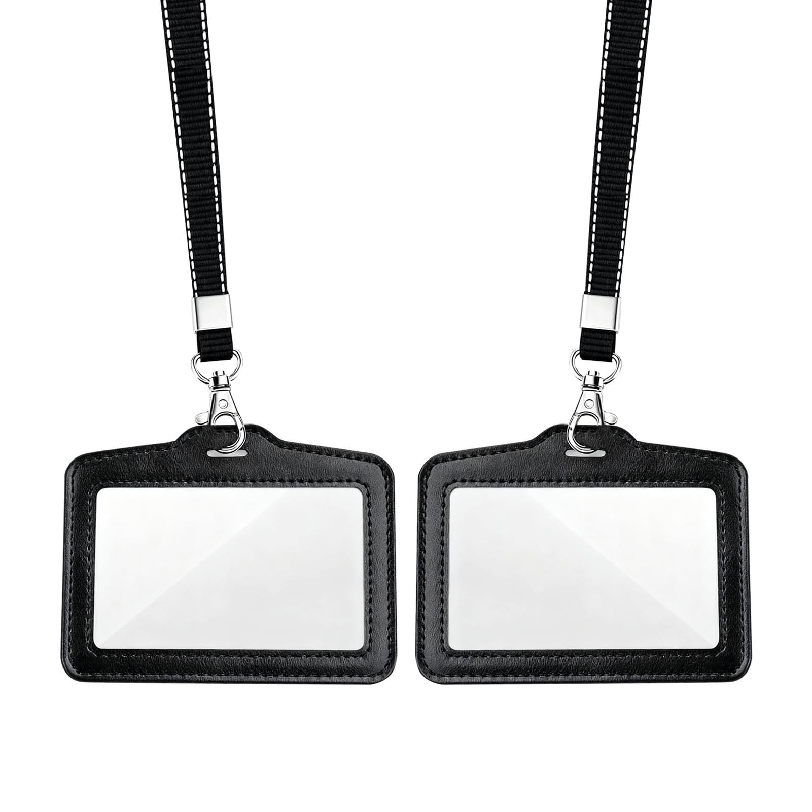 Tharvolex 2 Pack Clear Badge Holders with Lanyard - Double Sided Faux Leather ID Card Holder for Office/Transport/Events, Horizontal (Black)