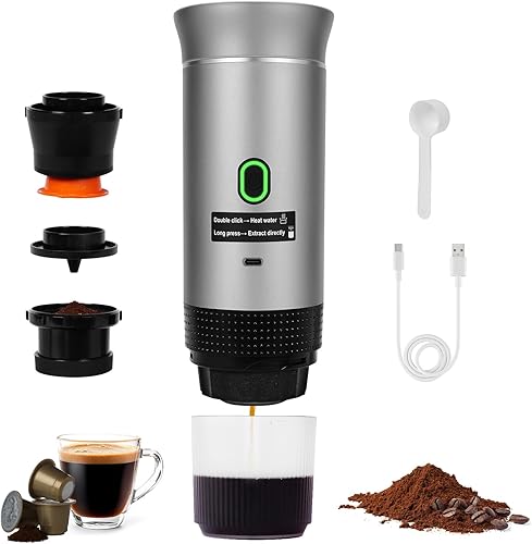 Cafetera eléctrica portátil de café expreso, mini cafetera 3 en 1, cafetera autocalentable con USB-C, pequeña cafetera con café molido y cápsulas