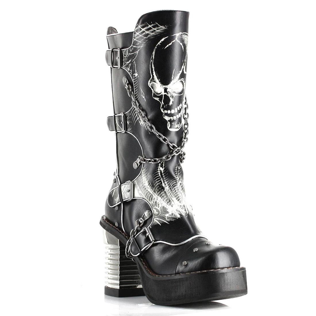 Hades Footwear Women's Synthetic Black Mid-Calf Skull Boots Buckle & Chain Spawn