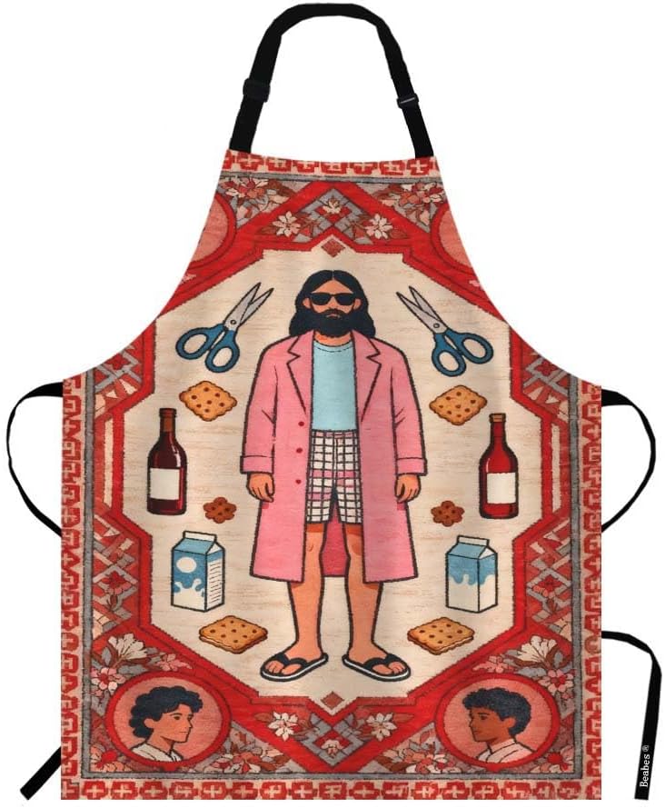 Big Lebowski Dude Rug Kitchen Bib Apron Man Has Huge Rug in Middle Ties Board Game Together Polyester Adjustable Apron for Outdoor BBQ Gardening 27" X 31" for Chef Waitress