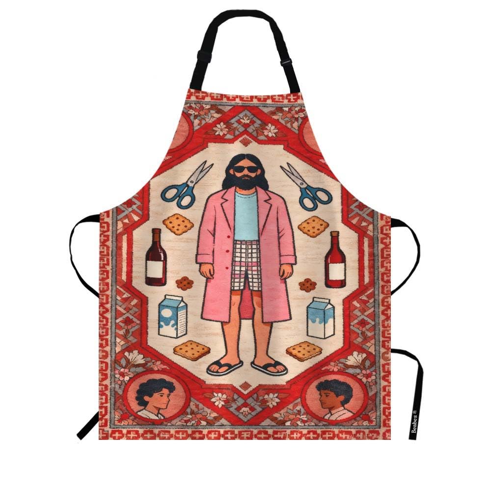 Big Lebowski Dude Rug Kitchen Bib Apron Man Has Huge Rug in Middle Ties Board Game Together Polyester Adjustable Apron for Outdoor BBQ Gardening 27" X 31" for Chef Waitress