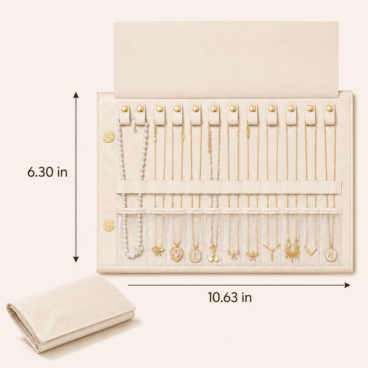 Travel Necklace Organizer, 12-Hook Foldable Jewelry Case, Beige