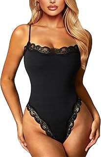 Navneet Women Sexy Lace Bodysuit Lace Trim High Cut Thong Spaghetti Strap Cami Bodysuit Going Out Tank Tops Body Suit