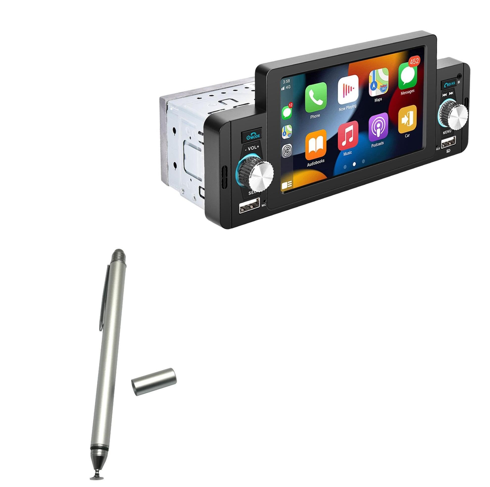 BoxWave Stylus Pen Compatible with Podofo Single Din Car Stereo (Without Carplay) (5 in) - DualTip Capacitive Stylus, Fiber Tip Disc Tip Capacitive Stylus Pen - Metallic Silver