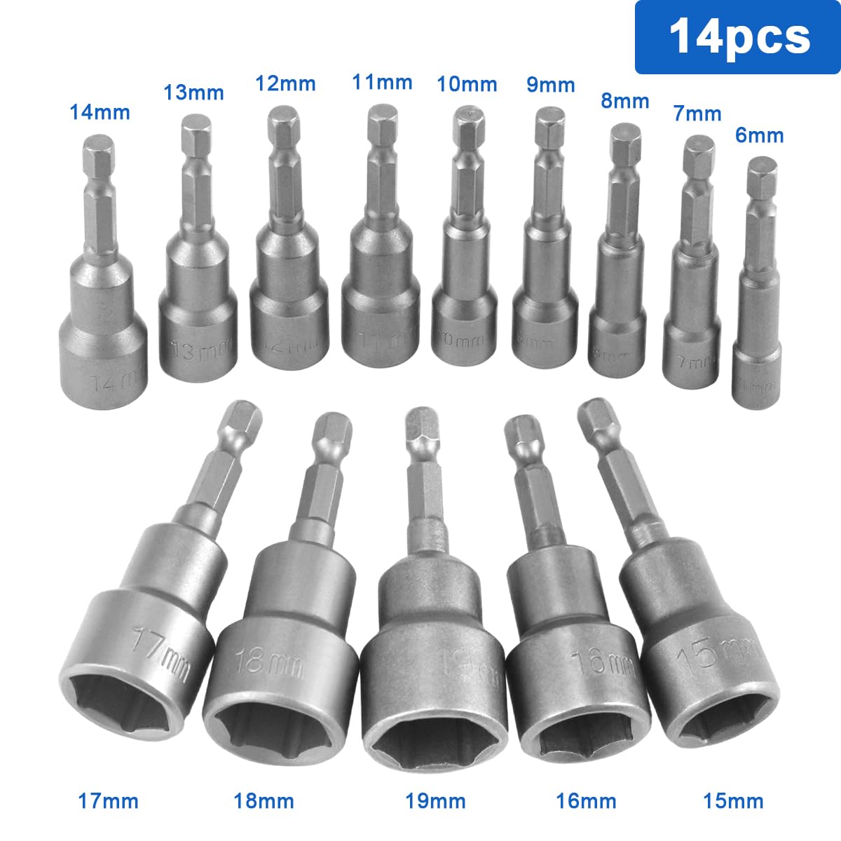14pz Magnetiche Bussola per Avvitatore Kit,6-19mm Hexagon Nut Driver Drill Bit Avvitatore,1/4'' Calamita Inserti Bussola Avvitatore Esagonale,per Trapano Pistola Pneumatica,Bussole Percussione