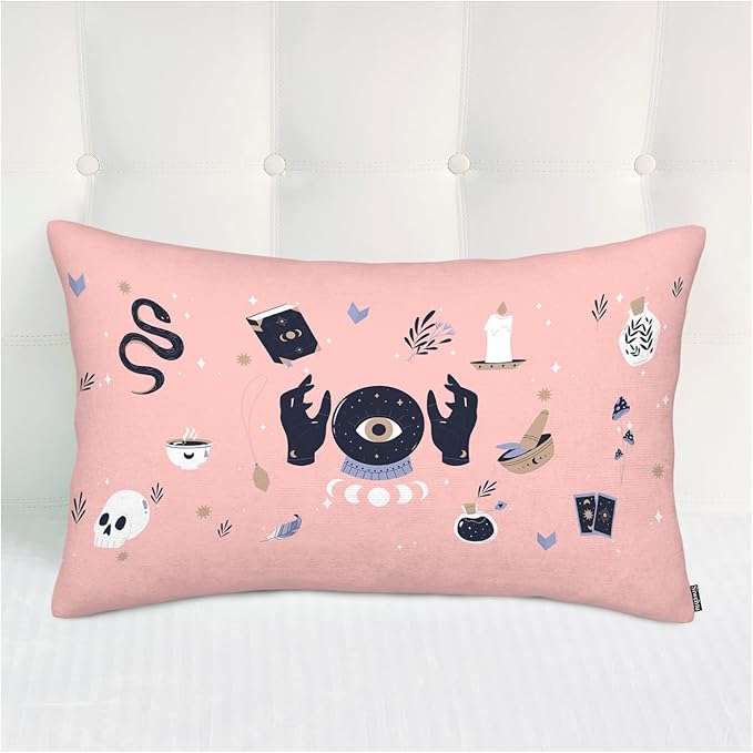 Throw Pillow Case Cushion Cover 20x30 Inches Esoteric Elements, Decor Pillows Cases for Couch Home Pink Skull Head Snake Candle Leaves Pillow Covers for Sofa Hotel Car Bedroom Polyester