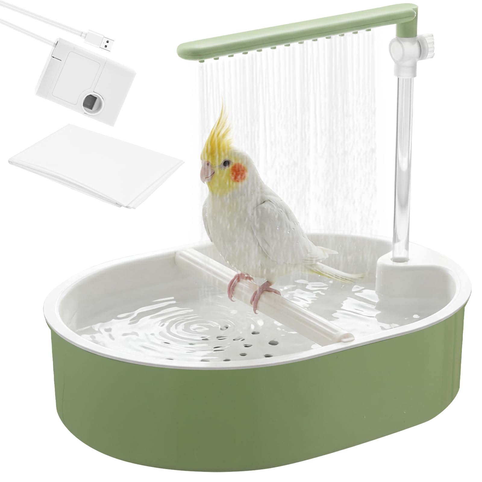 Vogeldusche Wellensittich,Automatische Vogel Badewanne mit Einstellbar Wasserdurchfluss,USB Stromschleife Vogeltränke mit Wasserdichtes Tuch für Wellensittiche,Kanarienvögel, Nymphensittiche (stil 2)