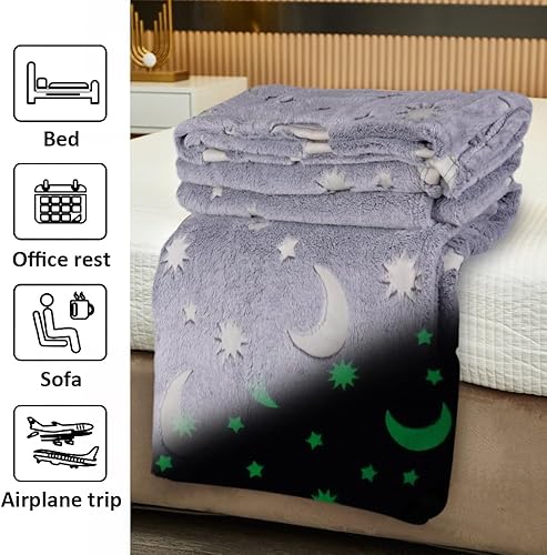 Miniatura 4 de FLYZZZ Paquete de 2 mantas suaves que brillan en la oscuridad, con diseño de estrellas y luna, 50 x 60 pulgadas, acogedora manta de franela de forro