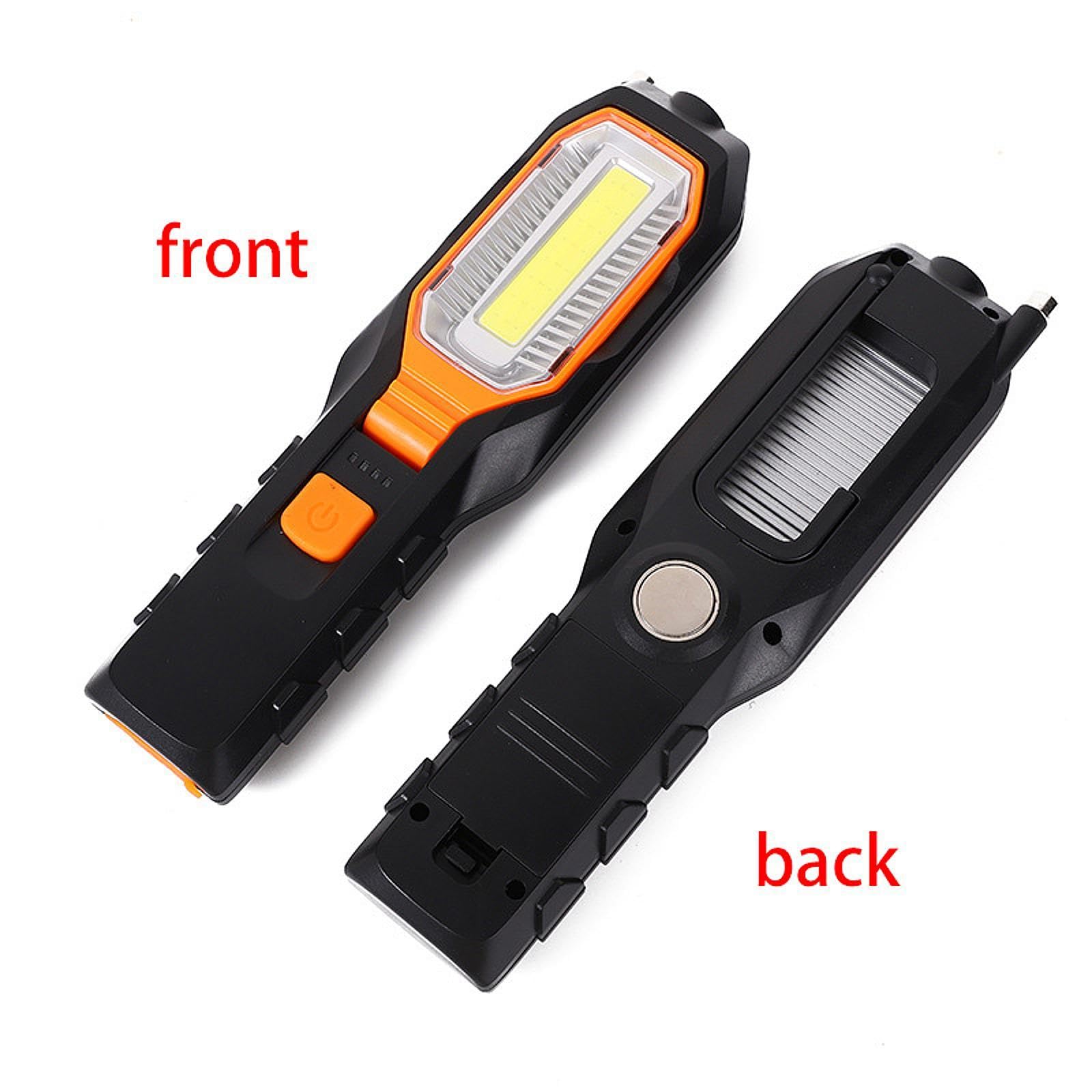 Lámpara de Trabajo LED COB Recargable Portátil Universal para Inspección Linterna Mano USB Indicador de Batería Gancho Rotatorio Material Antidesliza, Naranja