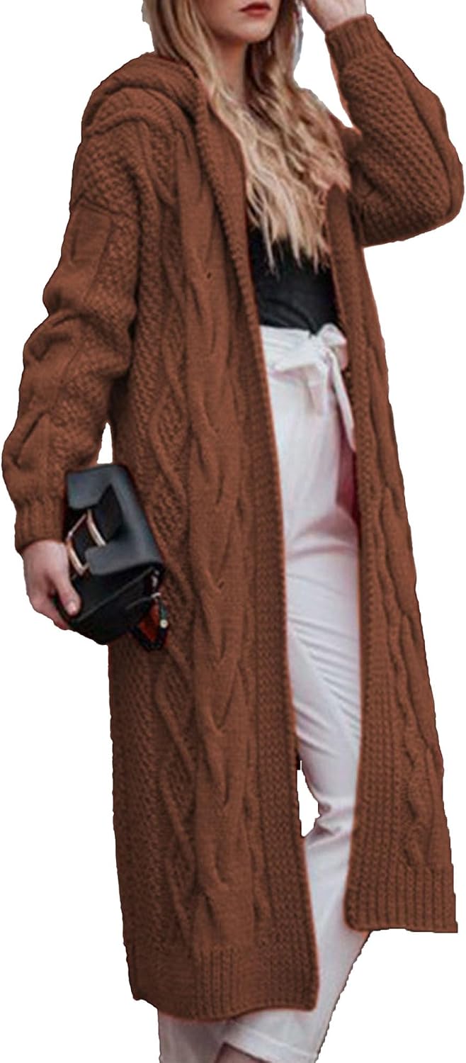 Women Hooded Open Front Cardigan Winter Lightweight Cable Knit Sweaters Solid Color Chunky Long Sweater Coats
