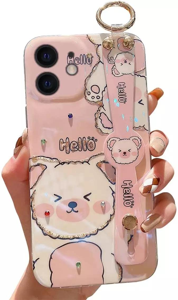 LastmaiPhone 12 Case Cute with Wrist Strap Kickstand Glitter Bling Cartoon IMD Soft TPU Shockproof Protective Cases Cover for Girls and Women - Pink Bear