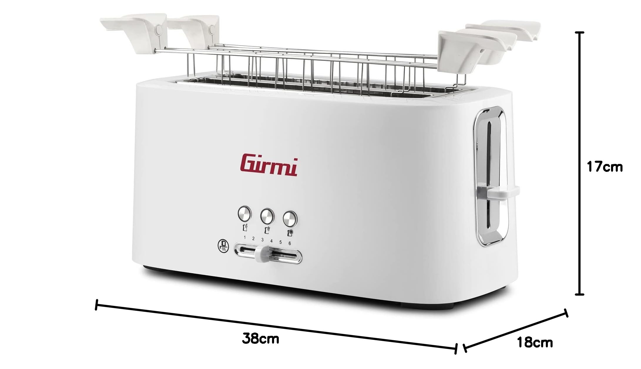 Girmi TP91 Tostapane Xl, 1500 W, Pinze Inox extra-lunghe, Raccogli briciole, 3 funzioni di 6 livelli di cottura, Spegnimento automatico