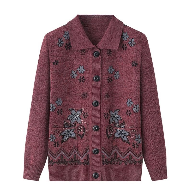 KIJSKKOPO Rebeca Mujer Invierno,Suéteres Tipo Cárdigan De Punto para Personas De Mediana Edad Y Mayores, Botones De Manga Larga con Solapa Marrón, Chaqueta De Punto Jacquard Floral con Bolsillo,