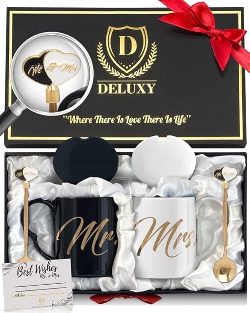 DELUXY Mr and Mrs Coffee Mugs Set- Cool Bridal Shower Gifts for Bride, Wedding Gifts for Couple 2022, Engagement Gifts, Gift for Couple, Mr and Mrs Gifts, Newlywed Gift, Bride and Groom, Anniversary