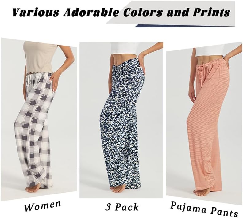 3-Pack Women’s Pajama Pants - Elastic Waist Drawstring Wide Leg Sleepwear Bottoms - Image 4