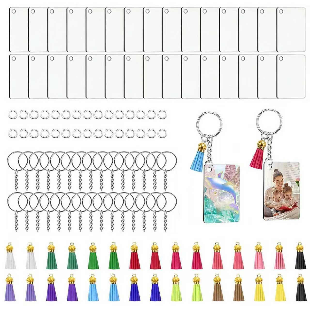 Rdunulioo 120 Pcs Acrylic Keyring Blanks Tassels Set Including 30 Rectangle keychain blanks, 30 colorful tassels, 30 key ring with chain and 30 jump rings for DIY Crafts, Keyring Making (Transparent)