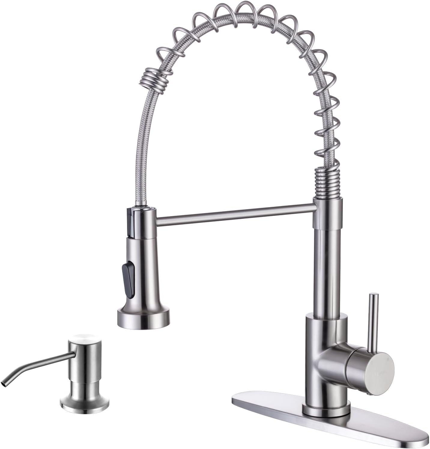 WEWE Kitchen Sink Faucet with Soap Dispenser, Kitchen Faucet with Pull Down Sprayer Stainless Steel Single Handle High Arc Pull Out Brushed Nickel Faucet for Bar Laundry RV Utility Sink