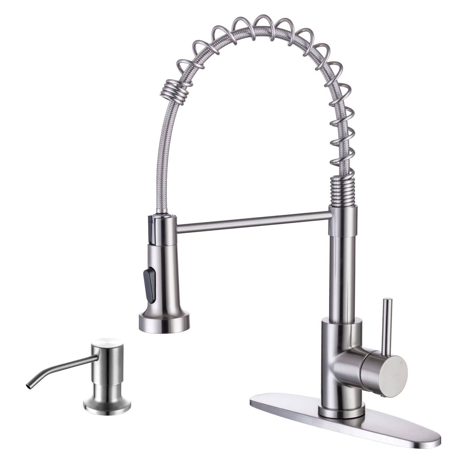WEWE Kitchen Sink Faucet with Soap Dispenser, Kitchen Faucet with Pull Down Sprayer Stainless Steel Single Handle High Arc Pull Out Brushed Nickel Faucet for Bar Laundry RV Utility Sink