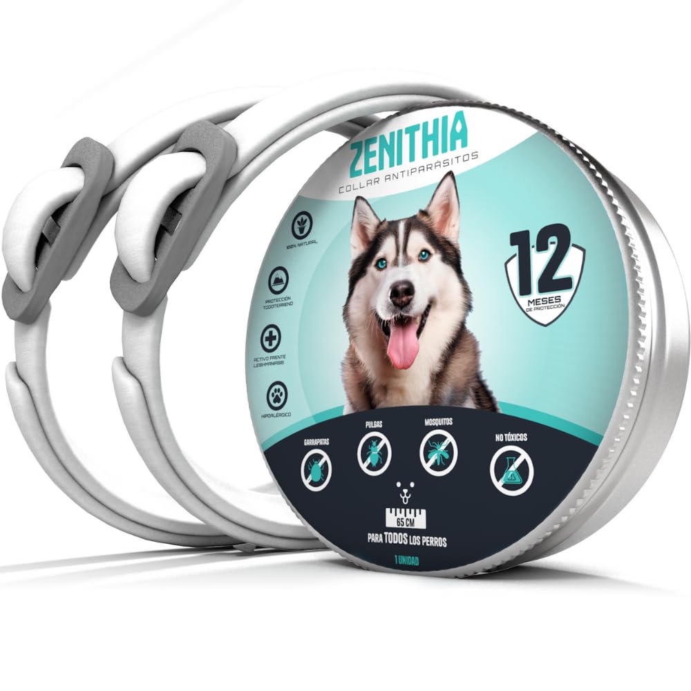Zenithia ® Collar Repelente de Insectos, Collar Antiparasitario contra Pulgas, Garrapatas y Mosquitos, 12 Meses Protección-65cm-Ajustable a Todos tamaños-100% Natural-Impermeable-1 unid (2 Unidades)