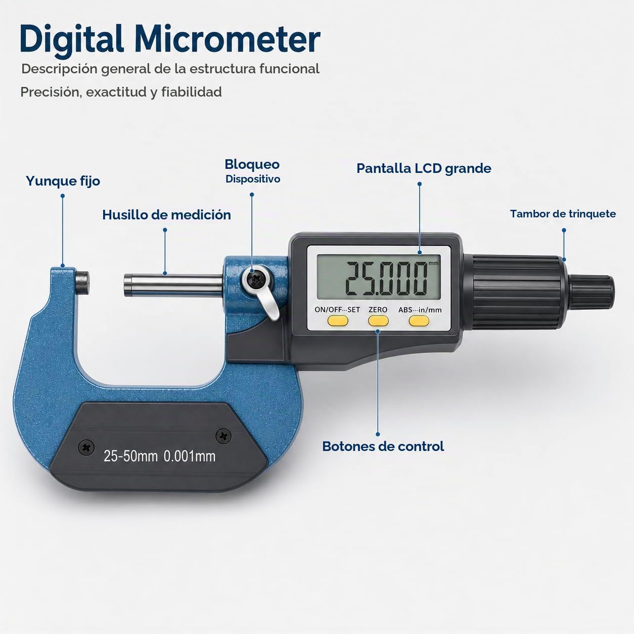 MicróMetro Digital Electrónico LCD, 25‑50mm MicróMetro Exterior Calibre Paquimetro Digital De Alta Precisión Con MéTrica/Pulgada, Herramientas MedicióN De Espesor E Longitud, 0,001mm (0,00005 ")