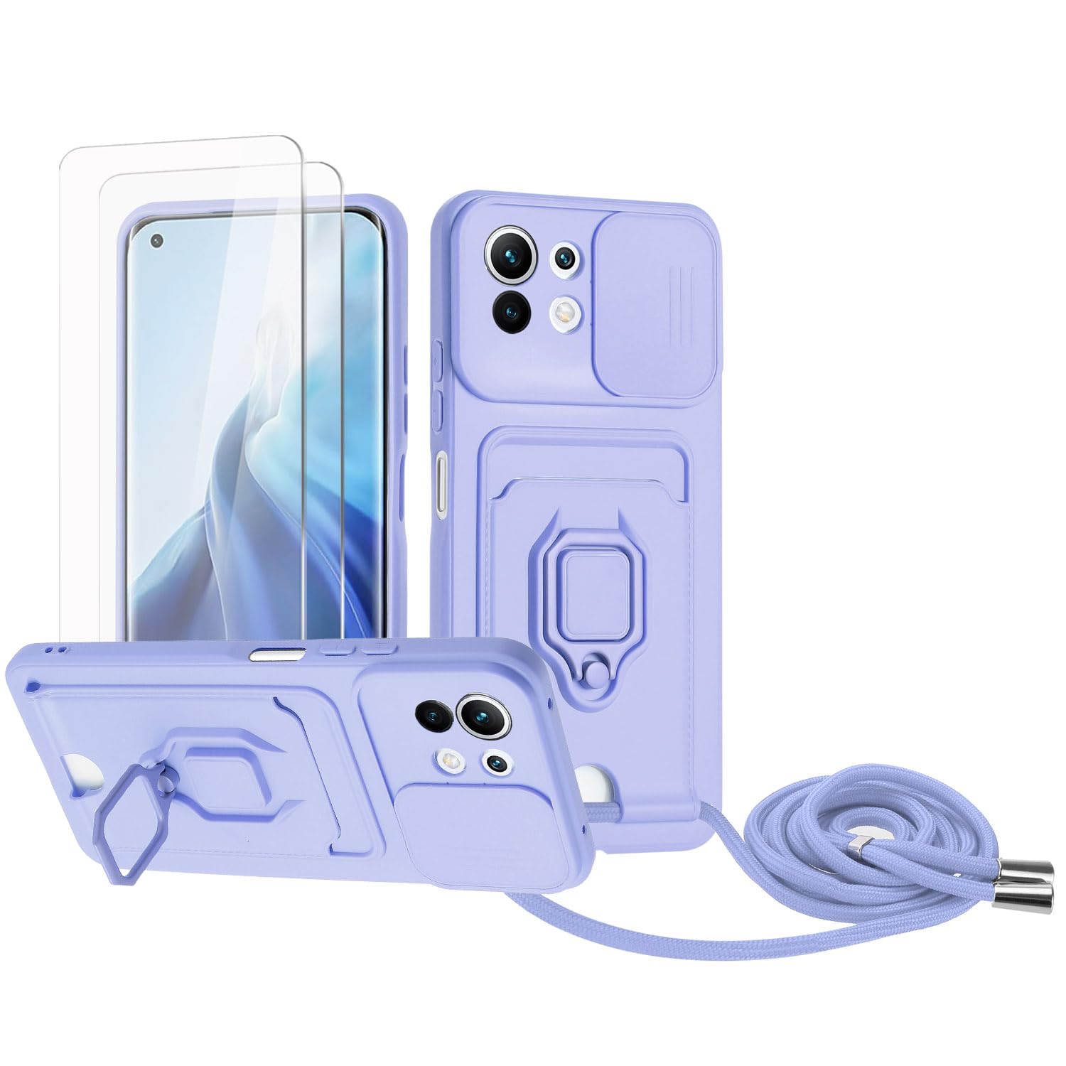 Zallagre Funda con Cuerda Compatible con Redmi Note 13 Pro 5G,[2 Packs Cristal Templado],Ranura para Tarjetas,Cubierta de Cámara Deslizante Proteger,360 Anillo Soporte-Morado — view 22