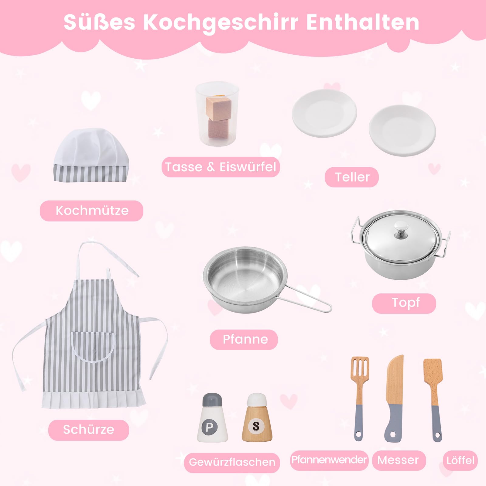 COSTWAY Kinderküche Eck, Spielküche mit Licht & Sound, Kinderspielküche mit Spüle, Eismaschine, Backofen & Kochgeschirr, Holzküche Spielzeugküche für Kinder ab 3 Jahren (Rosa)