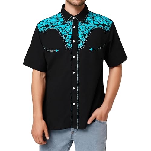 Western Cowboy Shirt Men Stylish Embroidered Button Down Short Sleeve Casual Tee Top Retro Floral Design Party Shirts